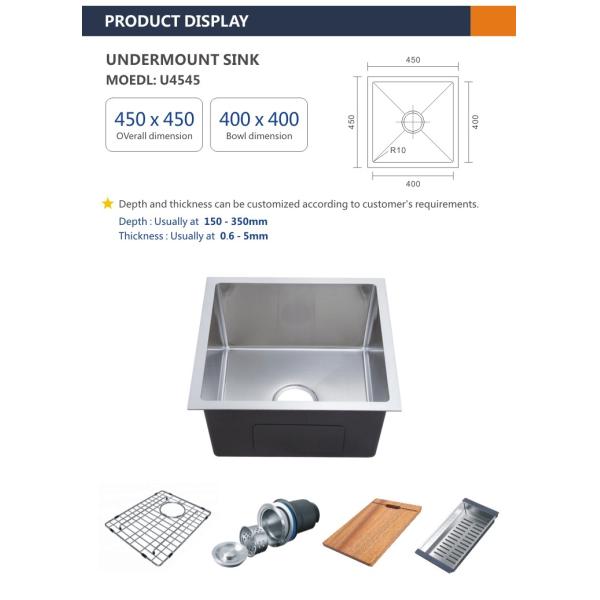 Brushed 30 Inch Single Bowl Kitchen Sink , 45x45 Rectangular Undermount Sink 16 Gauge