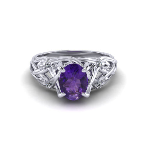 Floral Amethyst Ring In 14k White Gold, 6x8mm Amethyst, Diamond .06cttw