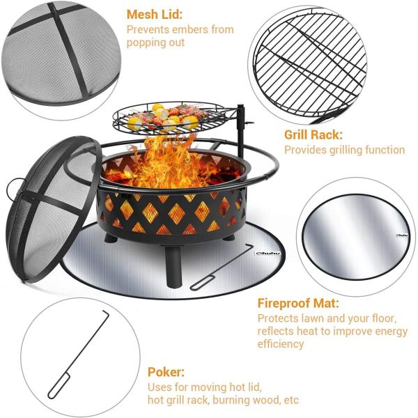 Outdoor Stainless Steel Fire Pit BBQ Grill Mesh Spark Screen Over Log Grate
