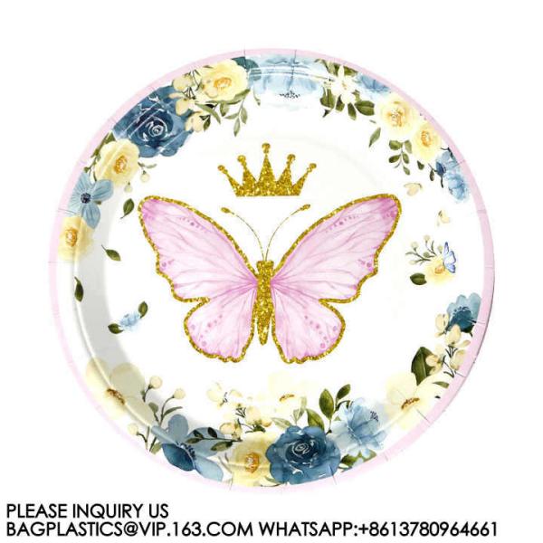 Birthday Party Decoration Festival Tableware Paper Plates Cups Purple Butterfly Party Supplies