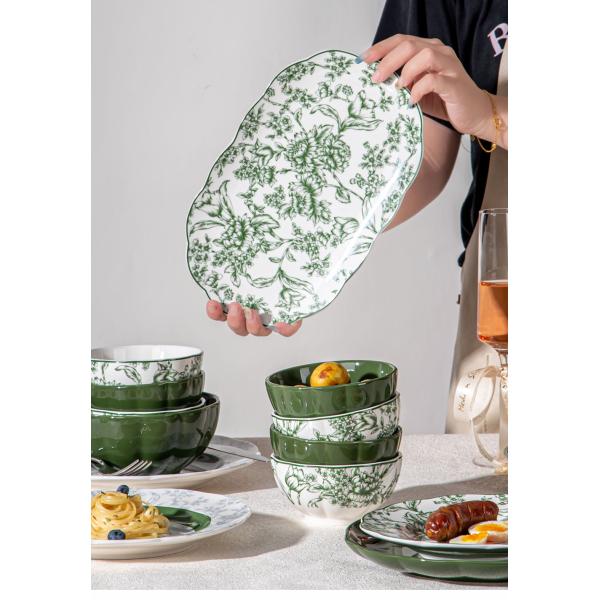 Green Floral Ceramic Diner Set Plate Under Glazed Technique Christmas Gift For Women