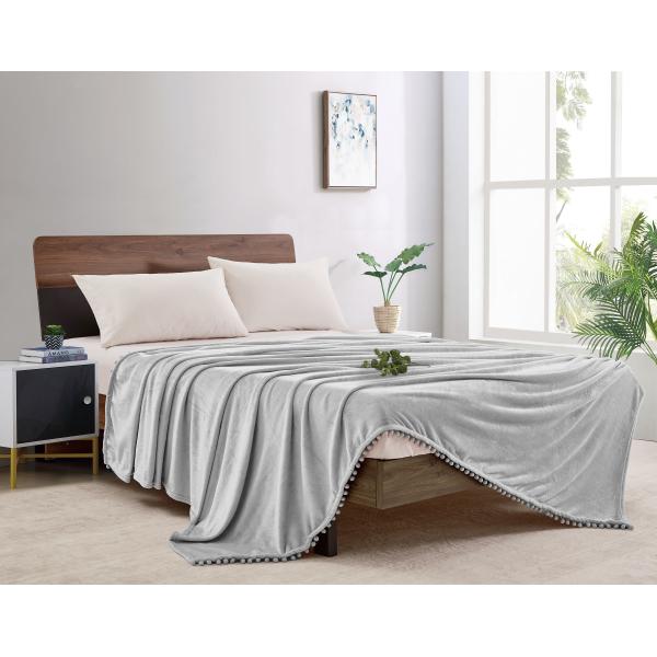 Pom-pom Flannel Fleece Blanket Custom Flannel Luxury Solid Color Blankets Wholesale