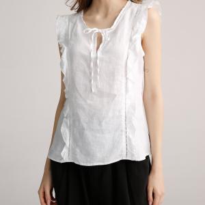 Quality Ladies Chic Cotton Short Sleeves Shirt With Tie Up Neck And Keyhole wholesale