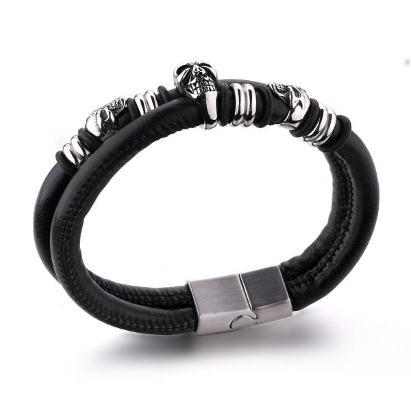 High Quality Stainless Steel Skeleton Skull Bracelet Men Vintage Jewelry Wholesale Black Leather Bracelets