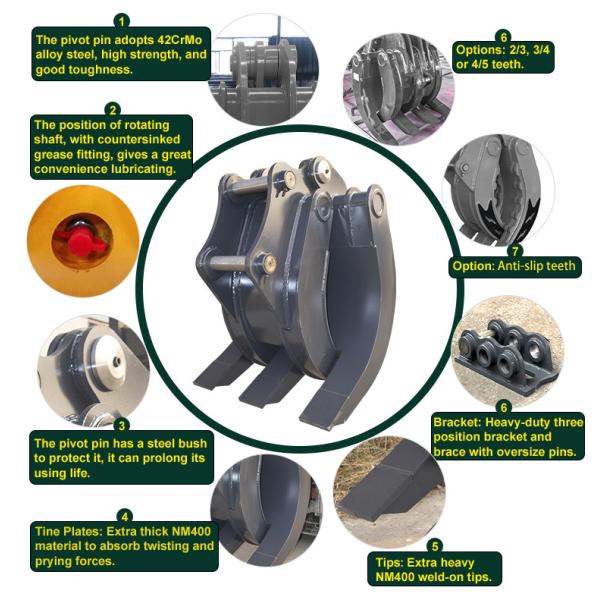 ISO Accurate 1800mm Excavator Manual Grapple Excavator Wood Grapple WX240