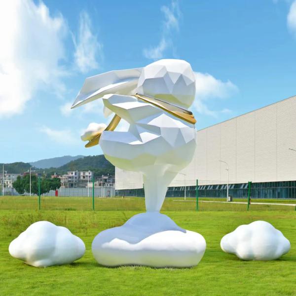 Finest Geometric Rabbit On Cloud Fiberglass Sculpture - 200cm H Outdoor Art