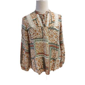 China Lace Up Neck Yarn Dyed 98% Viscose Chain Print Blouse on sale