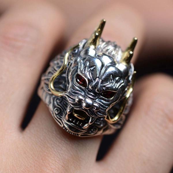 Sterling Silver Brass 2 Tone Dragon Head Engraved Vintage Ring for Men(059118)