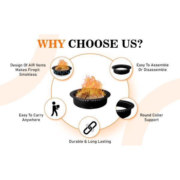 Smokeless Fire Pit Insert Steel 45" Round Foldable Fire Pit Ring with Air Vents and Coller Support