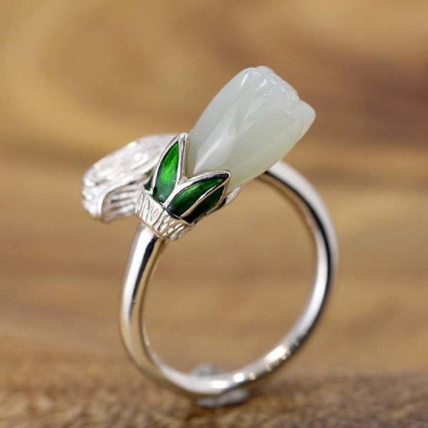 Adjustable Retro Enamel 925 Sterling Silver Natural Hetian Jade Ring (R1706191)