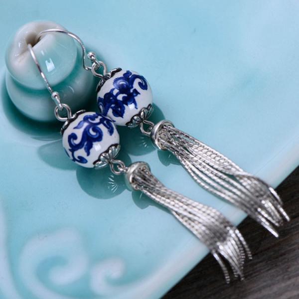 Fashion Ceramic Bead Sterling Silver Tassels Earrings(054268)