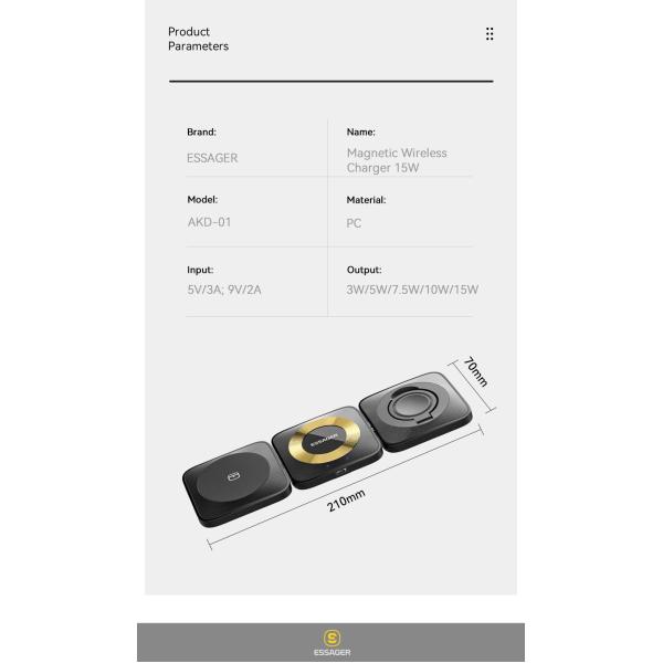 ESSAGER Waves 3 in 1 Wilress Charger 15W Best Fast Charging Wireless Phone Charger