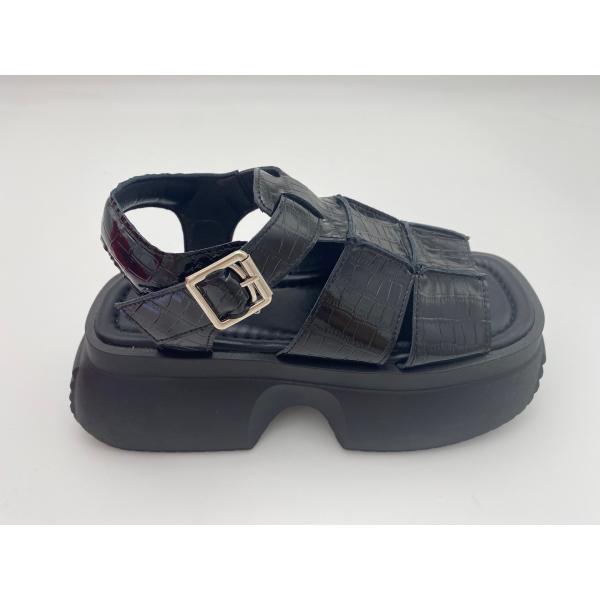 Women summer black thick soled sandals with metal button genuine leather summer