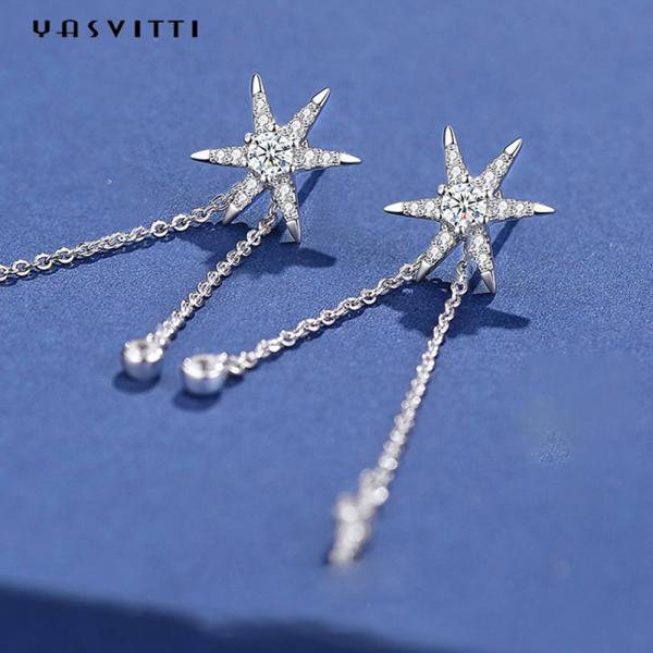 73.5mm 0.1oz Sterling Silver Jewelry Earrings S925 Silver Star Diamond Tassel Earrings
