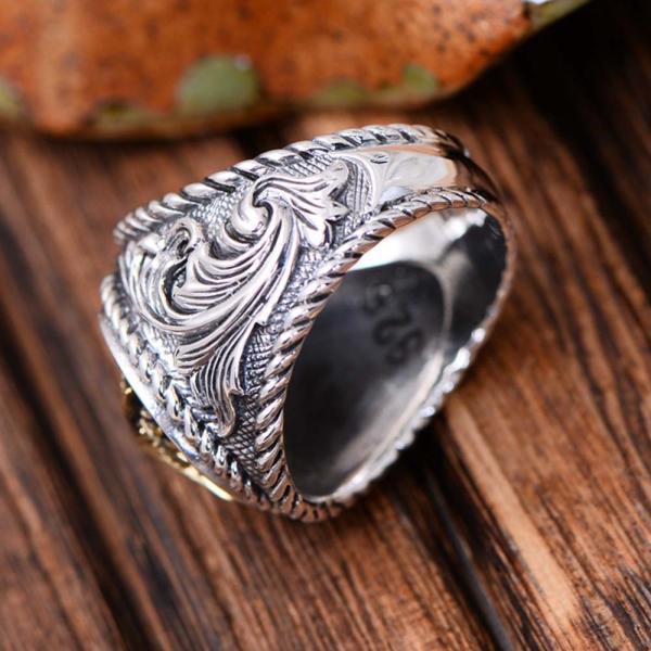 Thai Sterling Silver Brass 2 Tone Sunlight Engraved Retro Men Ring (059186)