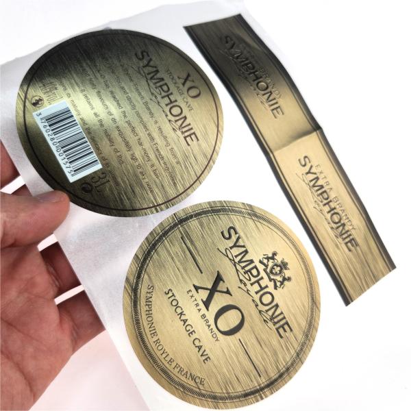 CMYK Biodegradable Aluminium Foil Labels Whiskey Embossing Brandy Wine Labels