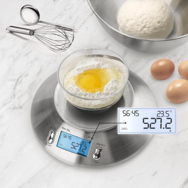 Stainless Steel Digital Kitchen Scale High Accuracy 5kg/1g with Removable Knead Dough Bowl and Room Timer Battery Powered