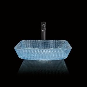 China Water Blue Square Vessel Bathroom Sink Glass Crystal Hand Wash on sale