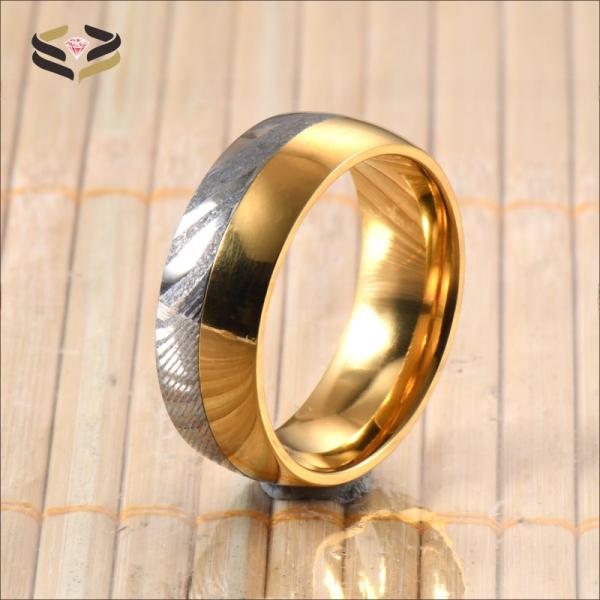 Men Gold Silver Two Tone Damascus Steel Wedding Band 8mm Polished with Tungsten Linner