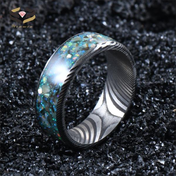 8mm Damascus Steel Men'S Wedding Band With Colorful Opal And Shell Inlay