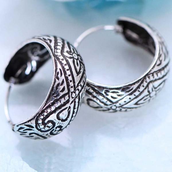 Sterling Silver Vintage Handmade Engraved Designs Hoop Earrings(057584W)