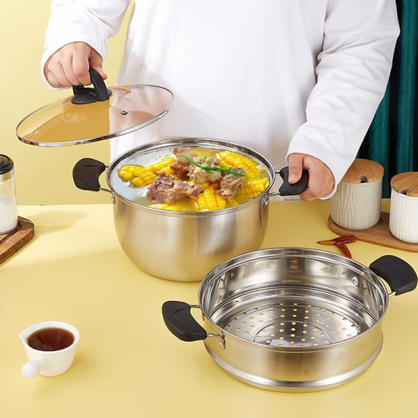 Factory Wholesale Two Layers Stainless Steel Saucepot Food Steamer Pots Circle Soup Pot With Glass Lid