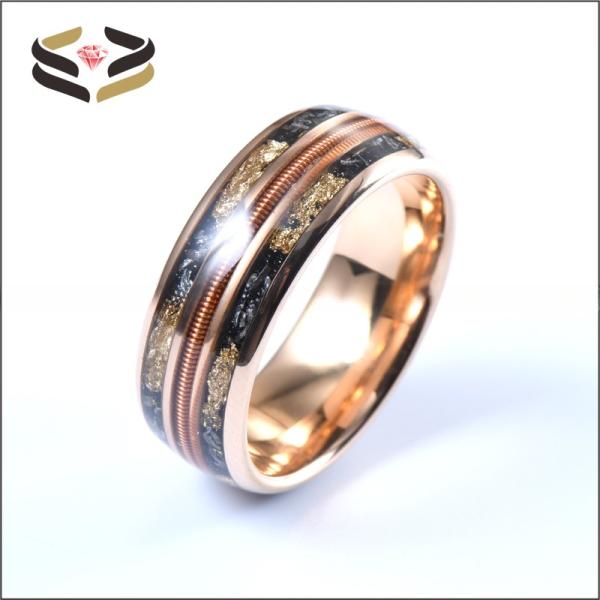 Men'S Tungsten Wedding Band Ring 8mm Rose Gold Plating with Triple Channel Guitar String Meteorite Gold Foil Inlay