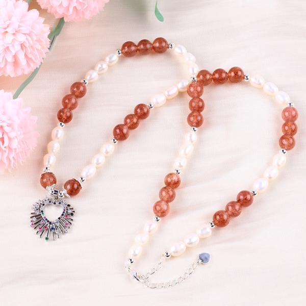 Women Strawberry Quartz 5mm White Freshwater Pearl Necklace