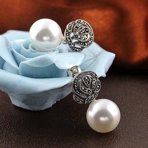 925 Silver Round 12mm White Simulated Shell Pearl Earrings Thai Style Jewellery (E12143)