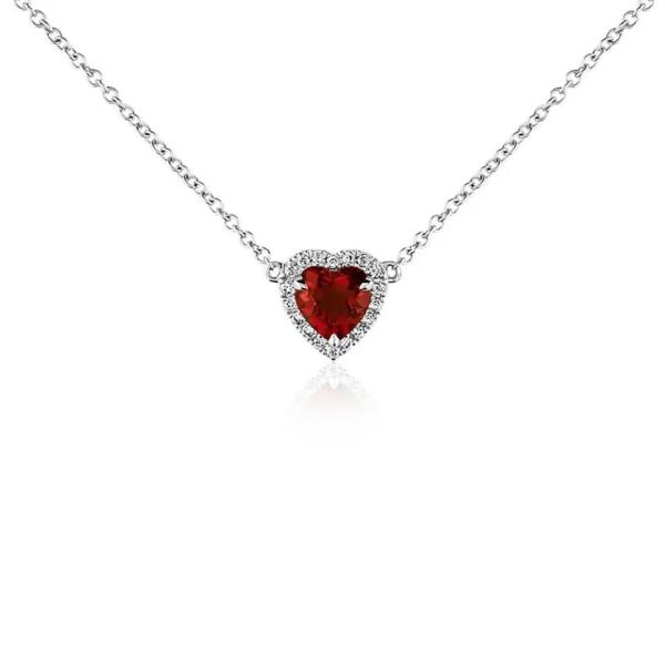 14K White Gold Heart Shaped Garnet Pendant Necklace , Petite Sapphire Chain Necklace