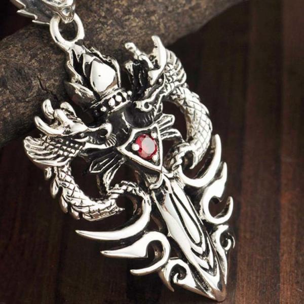 Men Sterling Silver Wheat Chain Necklace with Silver Double Dragon Dagger Amulet (N06030812-L)