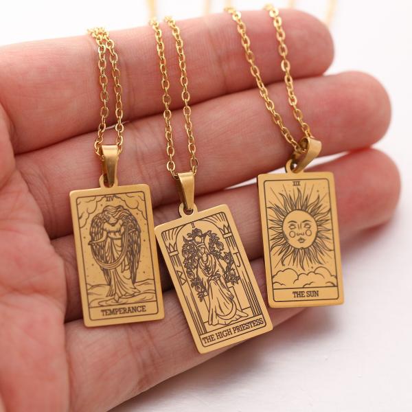 Gold Plated Vintage Square Stainless Steel Tarot Cards the Sun Pendant Necklace