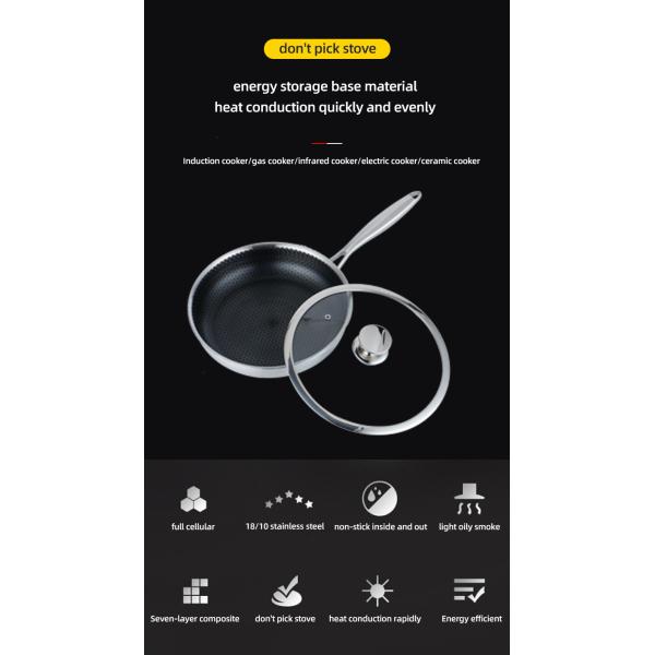 Custom Logo 304 Stainless Steel Frypan Non Stick Universal Oil Free With Glass Lid