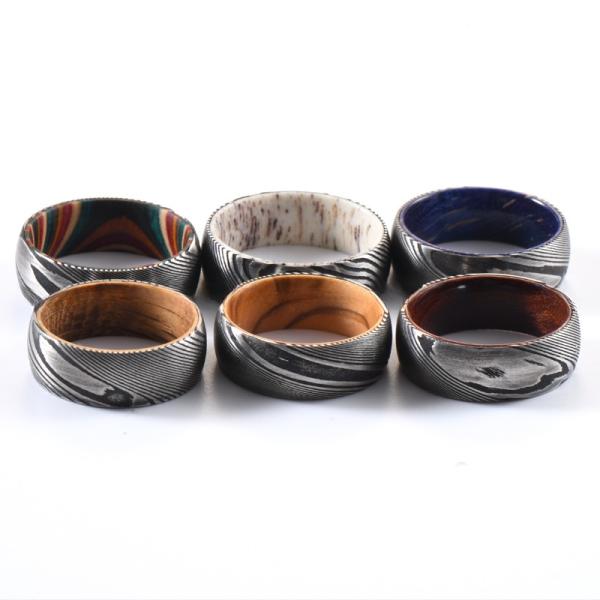 Damascus Steel Wedding Ring With Real Deer Antler Or Wood Sleeve Inlay