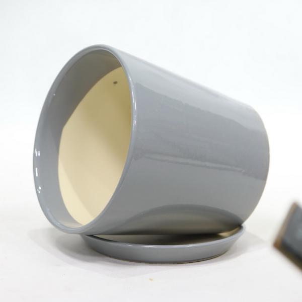Indoor Round Glossy Grey Ceramic Planter With Drainage