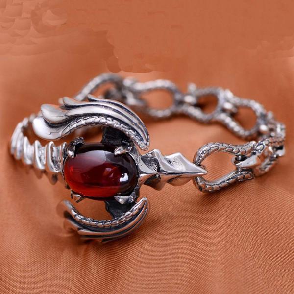 Handmade Sterling Silver Chain Link Phoenixes Synthetic Garnet Charm Women Bracelet (014902)
