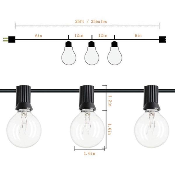 Custom Led Edison Bulb Outdoor String Lights 25ft G40 E12 Base 2 Years Warranty
