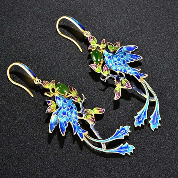 Gold Plated Stering Silver Drop Earrings with Cloisonne Enamel Phoenix Style Fashion Jewelry(E6050601BLUE)