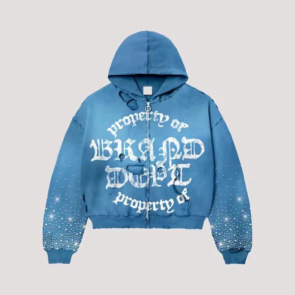 OEM Zipper Screen Print Drawstring Hoodie Retro Travel Rhinestone Park Vintage Acid Washed Boxy Oversized Destroyed Hoodie Men