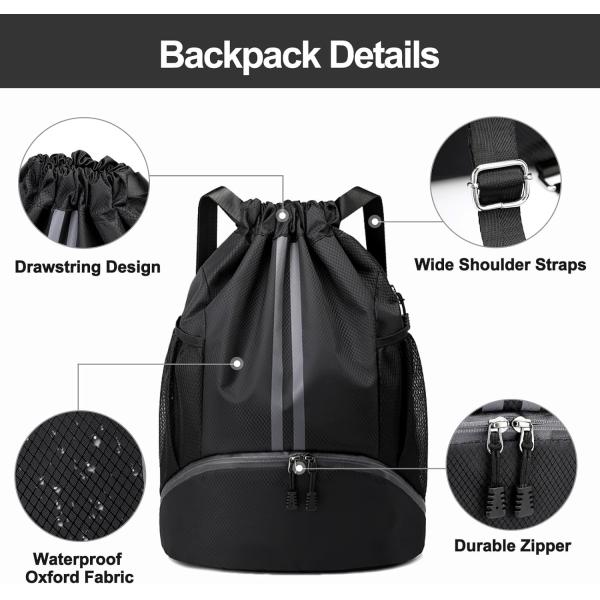 HOEDIA SPORTS DRAWSTRING BACKPACK - STRING SWIM GYM BAG WITH SHOES COMPARTMENT AND WET PROOF POCKET FOR WOMEN&MEN