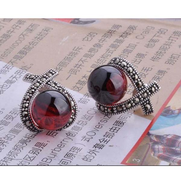 Vintage Thai Sterling Silver Red Cubic Zirconia Marcasite Earrings (E12285)