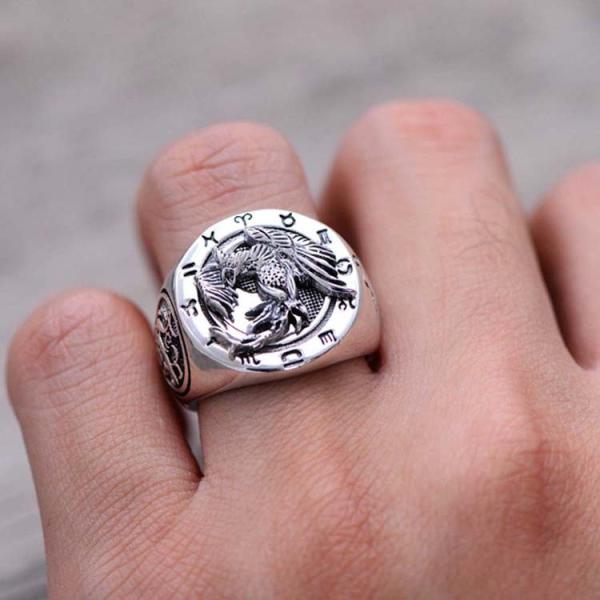 925 Sterling Silver Engraved Rosefinch Taiji Design Vintage Men Ring (057626)