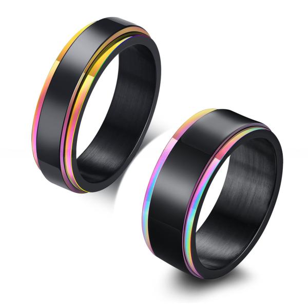 Black Rainbow Stainless Steel Worry Stress Relieve Ring Band Set With Channel Setting