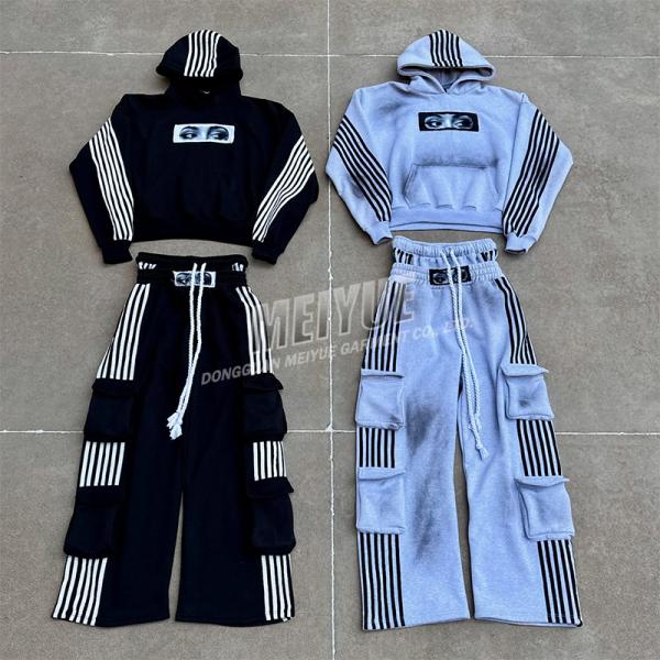 Custom Mens Double Waisted Striped Loose Track Pant Double Layer Waist Multiple Pocket Cargo Baggy Sweatpants