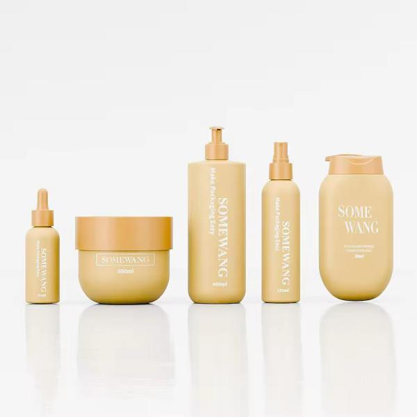Customized Cosmetic Bottles And Jars Yellow Cosmetic Packaging Set Leak Proof