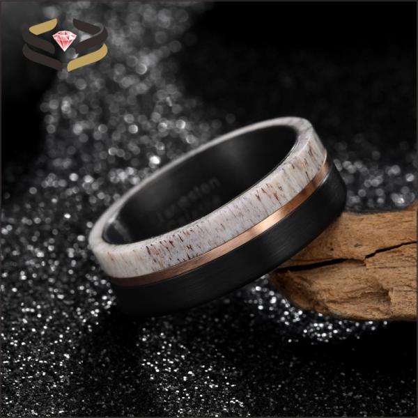 8mm Black Tungsten Ring with Deer Antler and Rose Gold Strip Inlay The Ultimate Wedding Essential
