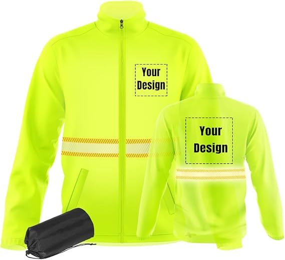 Safety Windbreaker Customizable 360 Reflective Stripe Long Sleeve Safety Apparel Jackets In Green Orange Black With Three Pockets And Zip Closure