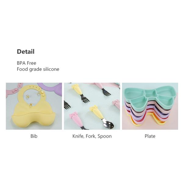 Baby Geschirr Weaning Silicone Tableware Set Bib Plate Stainless Steel Spoon Knife Fork