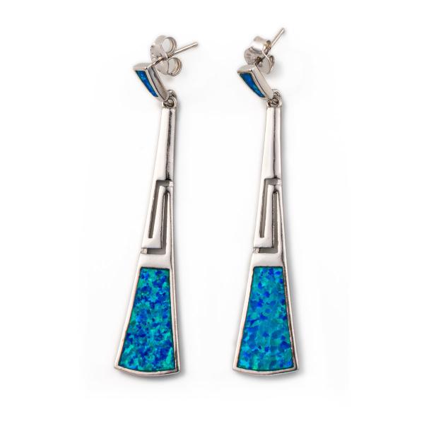 925 With Sterling Silver Blue Retro Opal Greek Meander Key Earrings 925 With Sterling Silver