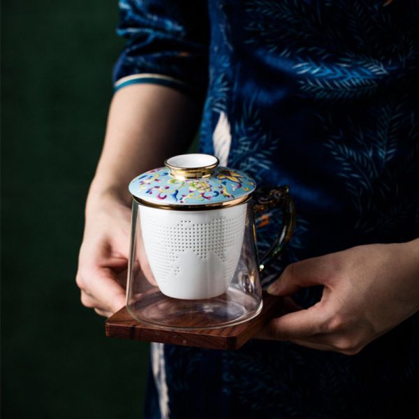 Cadmium Free 450ml Clear Ceramic Filter Glass Tea Cup